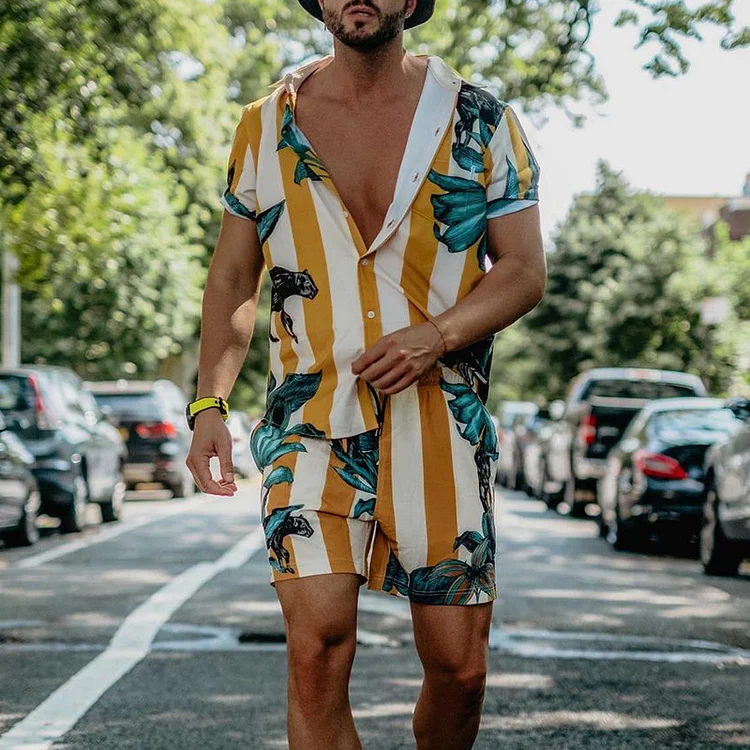 Men'S Yellow Striped Flowers Shirt And Shorts Co-Ord