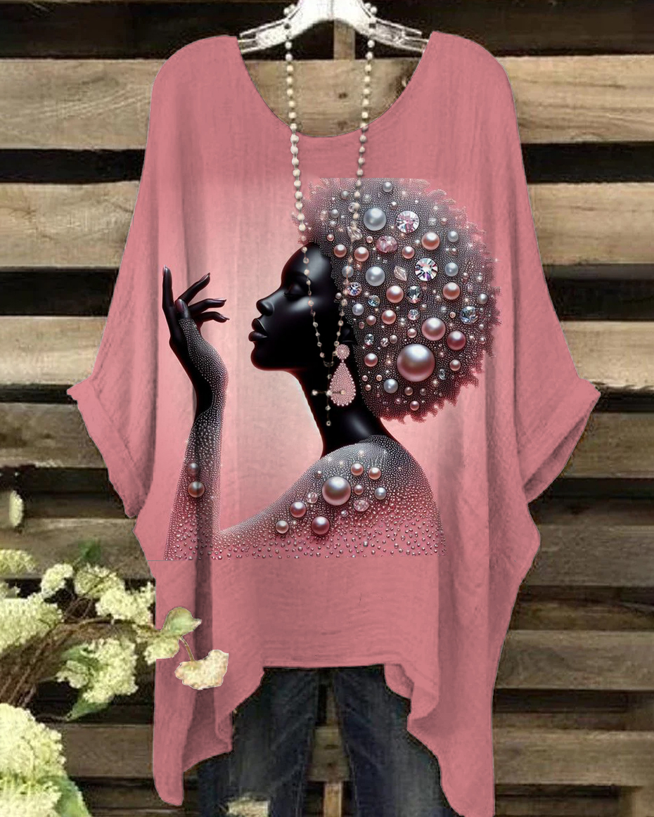 Round Neck Cotton Crystal Afro Woman Painting Irregular Shirt