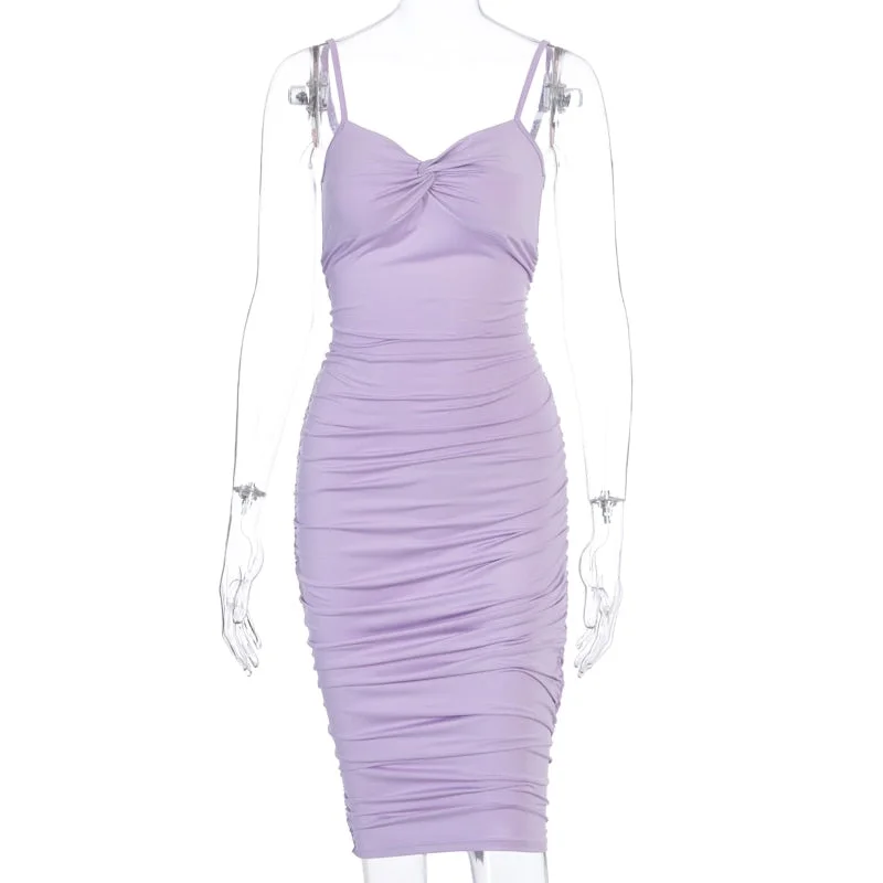 Dulzura ruched women midi dress strap v neck bodycon sexy hollow out party elegant 2020 summer clothes streetwear club sundress