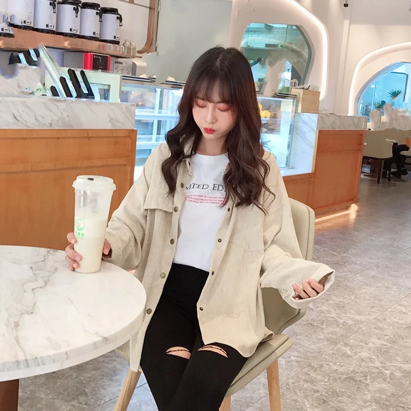 Fashion Corduroy Jacket Women Coat Casual Vintage Single Breasted Turn Down Collar Long Sleeve Pocket Solid Button Clothes 10784