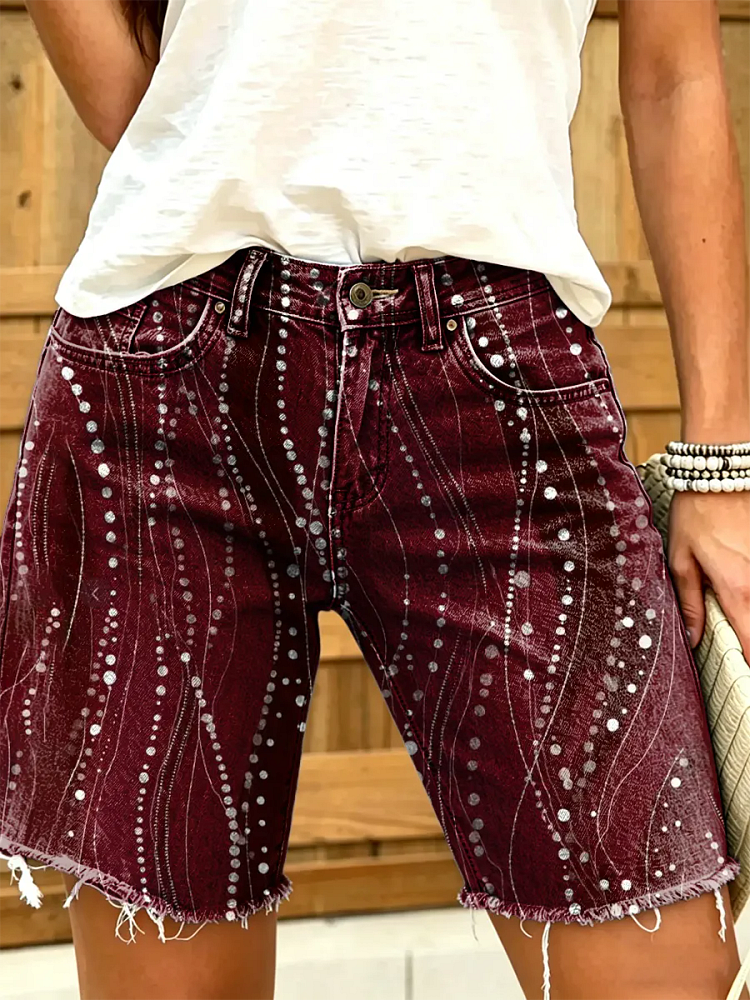 Women's Polka Dot And Wavy Pattern Artistic Print Denim Shorts
