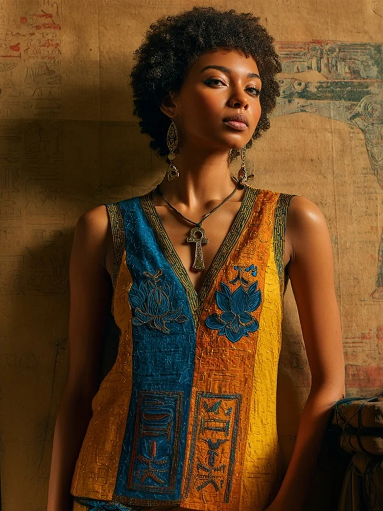 Vintage Blue Egyptian Lotus Embroidered Linen Tank Top