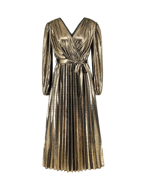 Bronzing Elasticity Pleated Solid Color Tied Waist High Waisted Long Sleeves Deep V-Neck Maxi Dresses