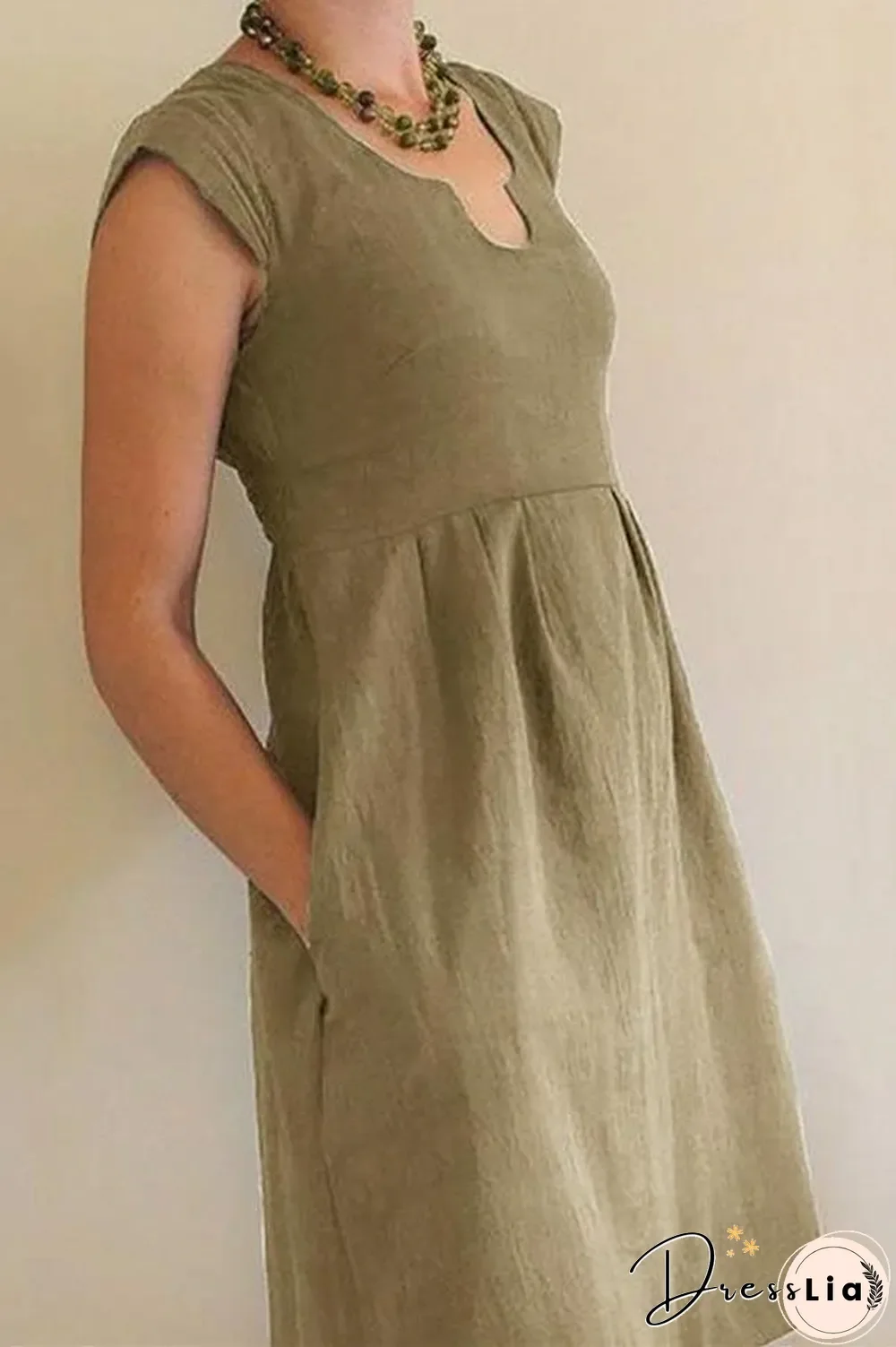 Solid Paneled U-neck Casual Pockets Midi Dress Linen