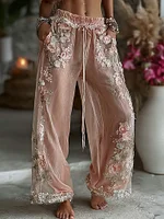 Women's Spring Floral Roses Embroidered Art Print Flowy Linen Blend Casual Pants