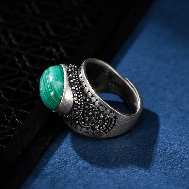 S925 Silver Malachite White Jade Vintage Adjustable Ring