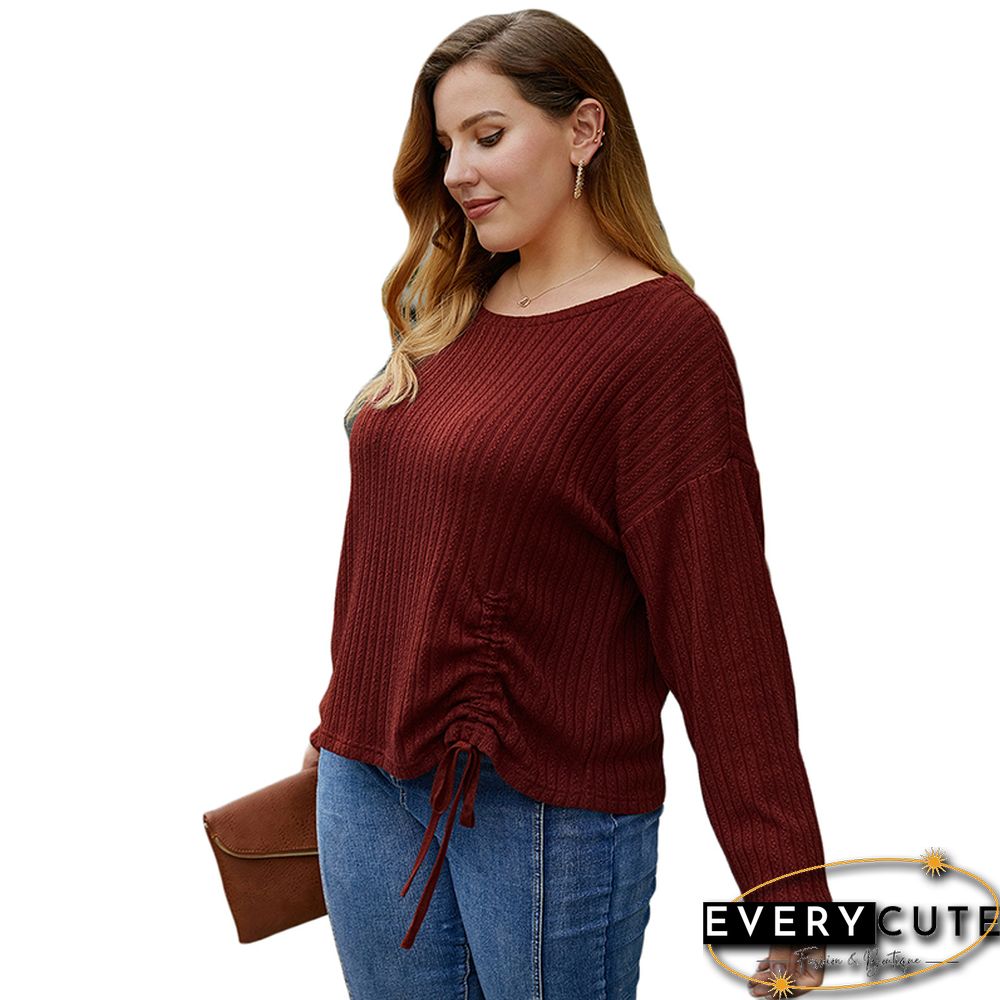 Red Ruffled Detail Long Sleeve Plus Size Tops