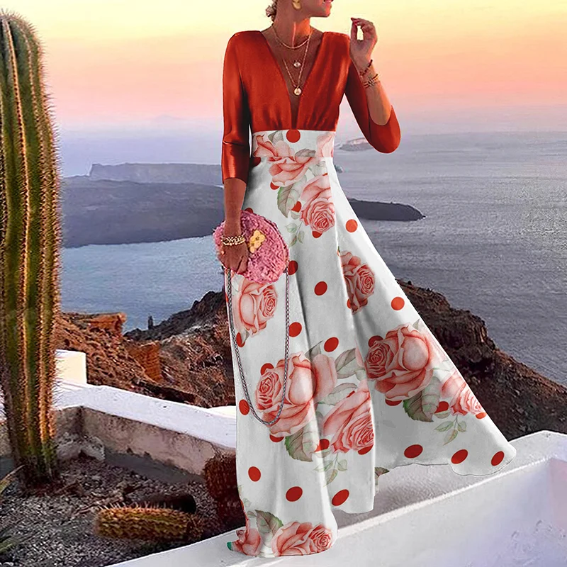 Rose Polka-Dot Print Maxi Dress