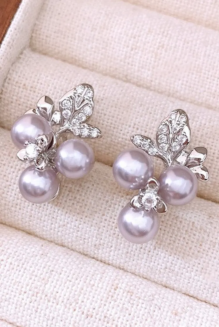 Pearl and Zircon Jewelry Set for Women Necklace Earrings with Floral Motif