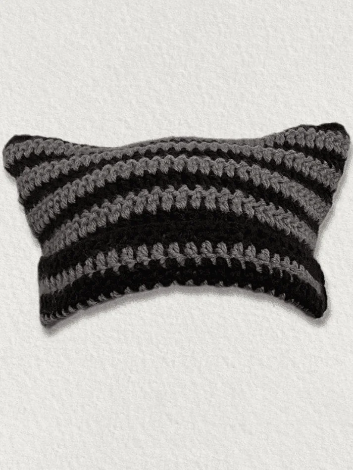 Brownm Hand Made Horn Detail Striped Knitted Hat