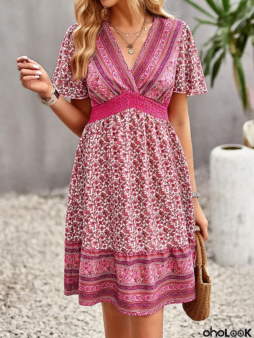Floral Print Bohemian Style V-Neck Flutter Sleeve Dress