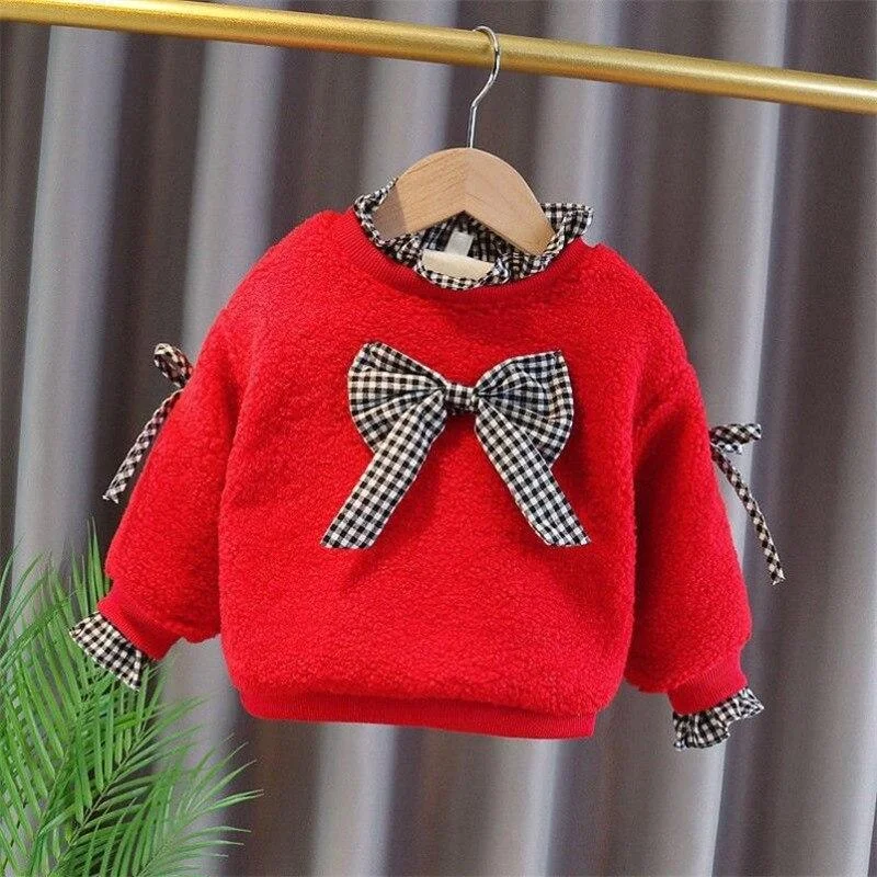 2021 Spring Winter Girl Casual Sweater Children's Knitted Woolen  Kids Cute Bunny Warm Thicken Bowknot Long Sleeve Plus Velvet