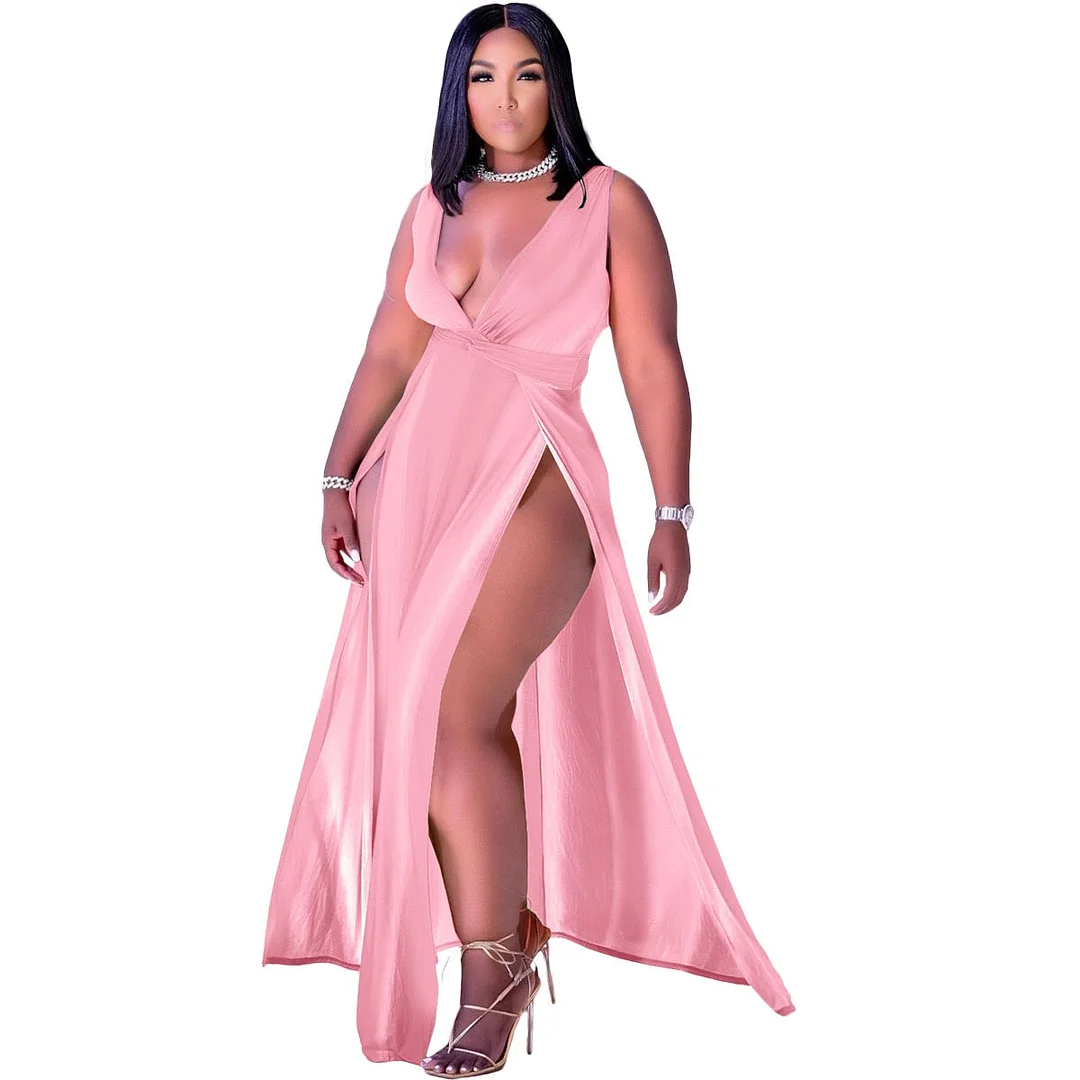 CM.YAYA Women Long Dress Solid Sleeveless V-neck Loose Splited Maxi Dresses Sexy Fashion Vestidos Streetwear Summer Outfits 2021