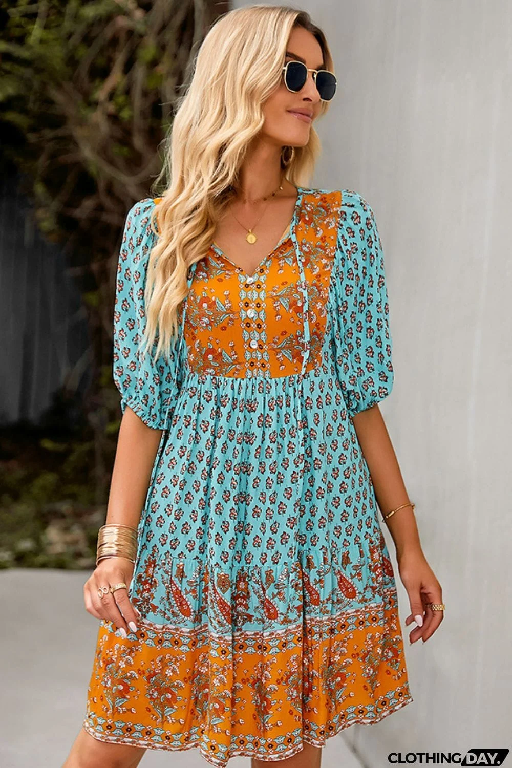 Bohemian Tie Neck Balloon Sleeve Dress