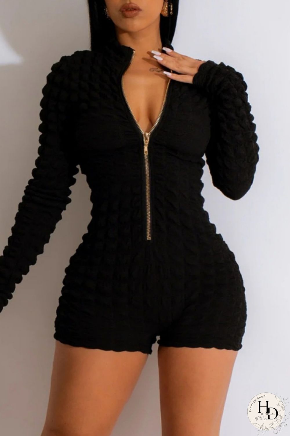 Black Casual Solid Patchwork Zipper Collar Skinny Jumpsuits