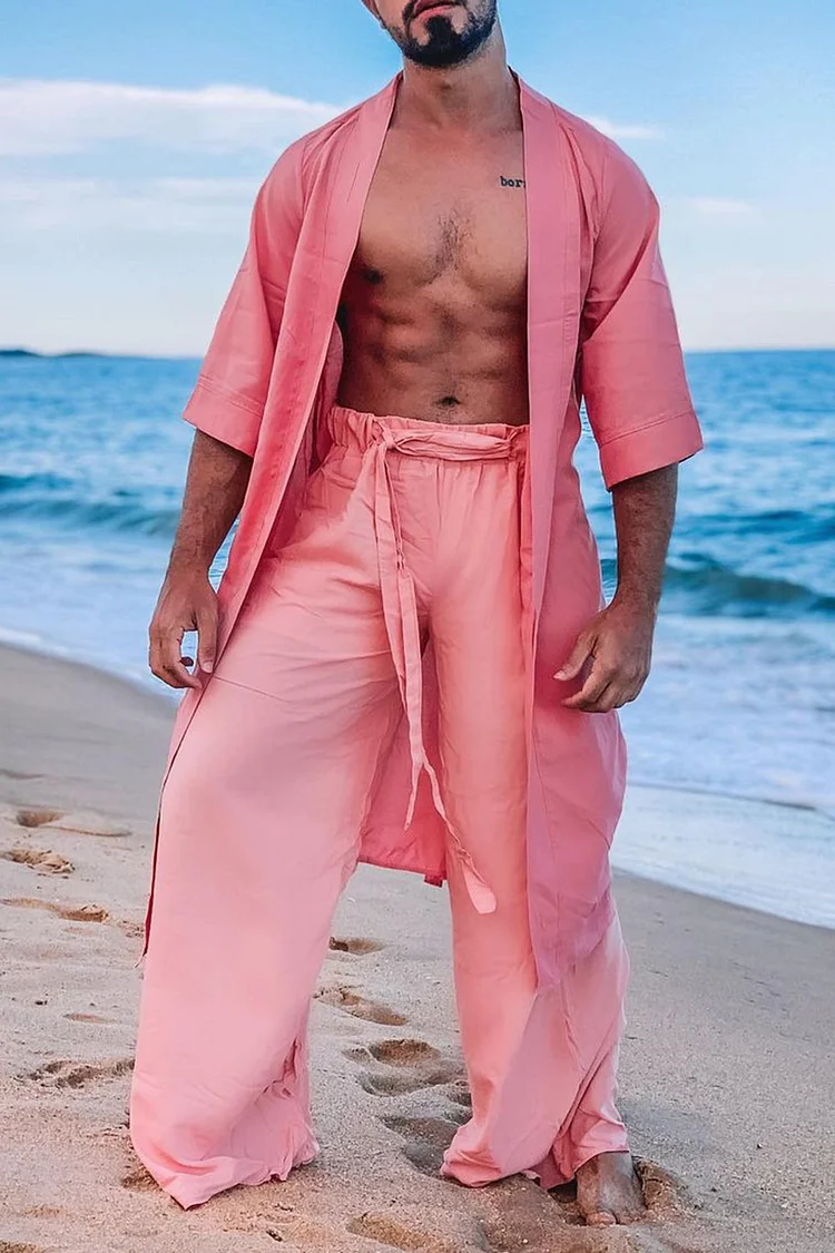 Ciciful Casual Loose Fit Long Kimono Pants Pink Two Piece Set