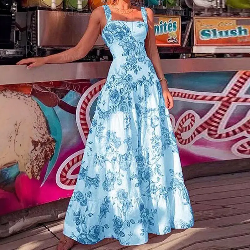 Uveng Uveng Women's Dress New Temperament Print Long Skirt With Waist Sling Skirt 661