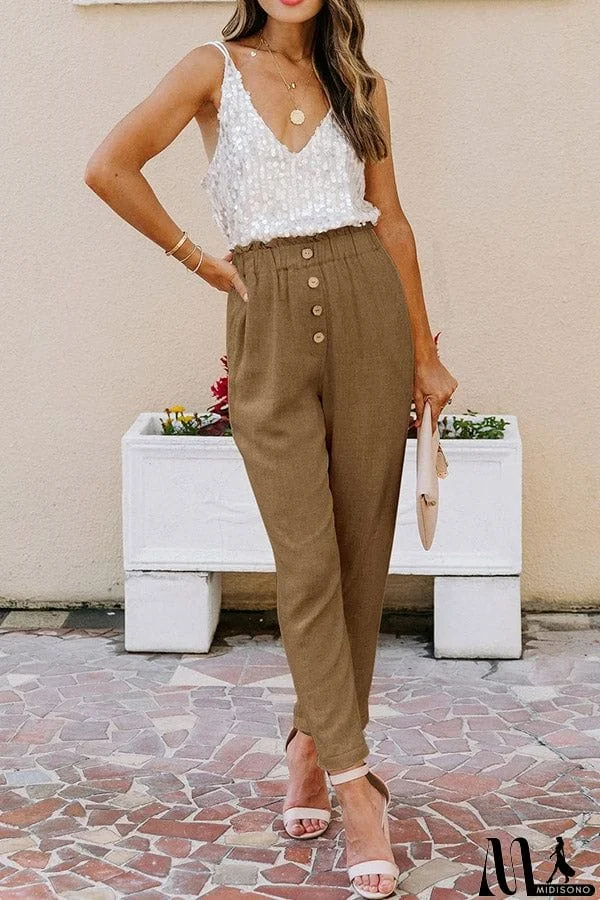 MidiSono - Womens Casual Loose Pants Comfy Cropped Work Pants with Pockets Elastic High Waist Paper Bag Pants