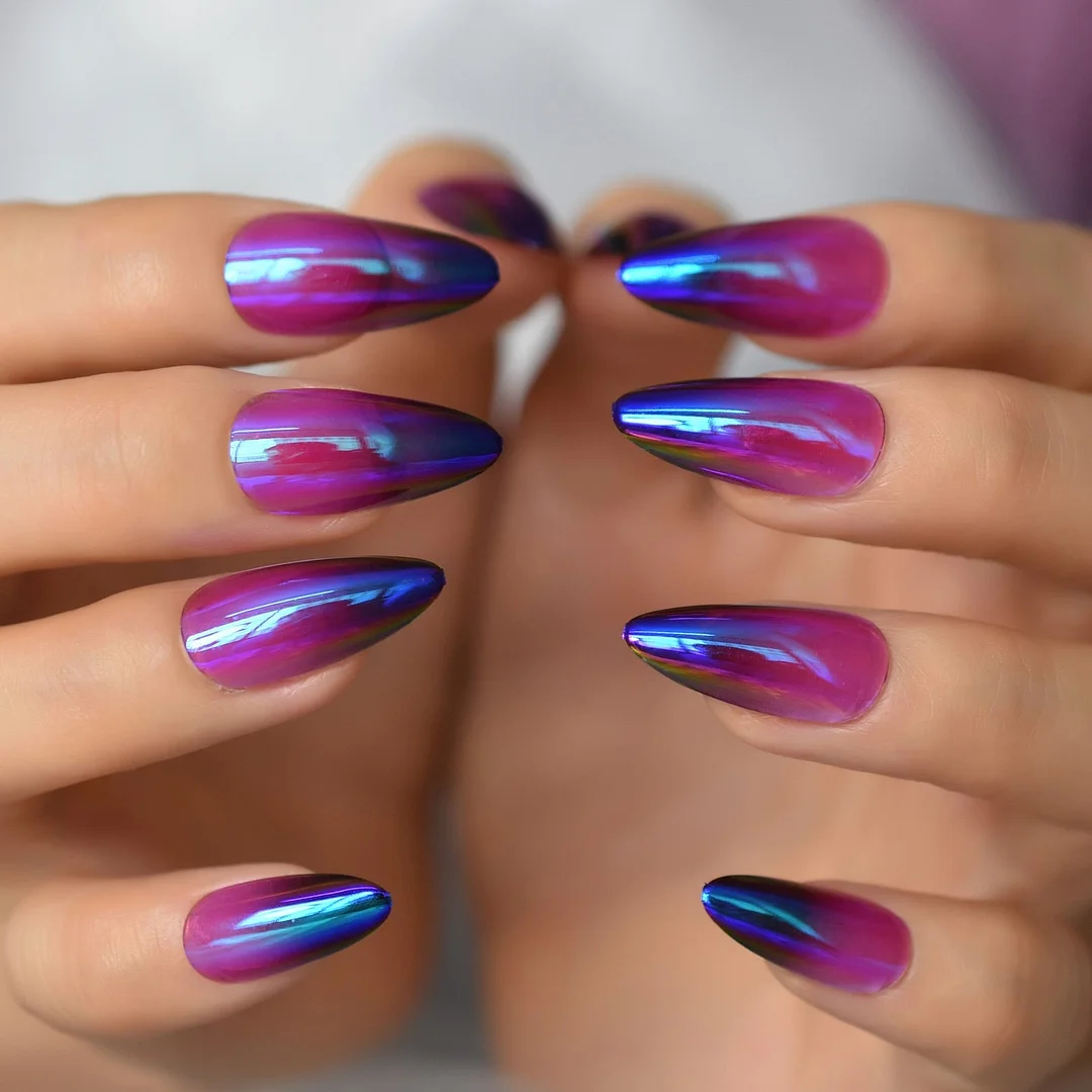 24pcs Purple Blue Metallic Mirror Almond Shape Press On Nails Medium Length Fake Nails Ombre Gradient Acrylic False Nail Tips-Nail Inspo
