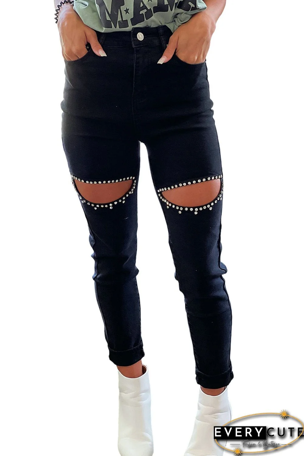 Black Rhinestone Cutout Skinny Jeans