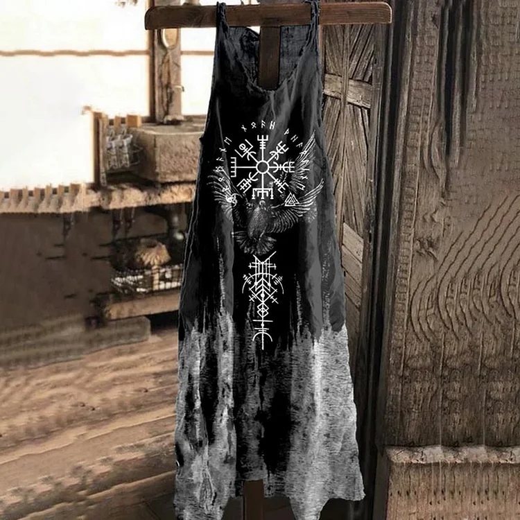 Tribal Birds Viking Totem Retro Cotton And Linen Maxi Dress