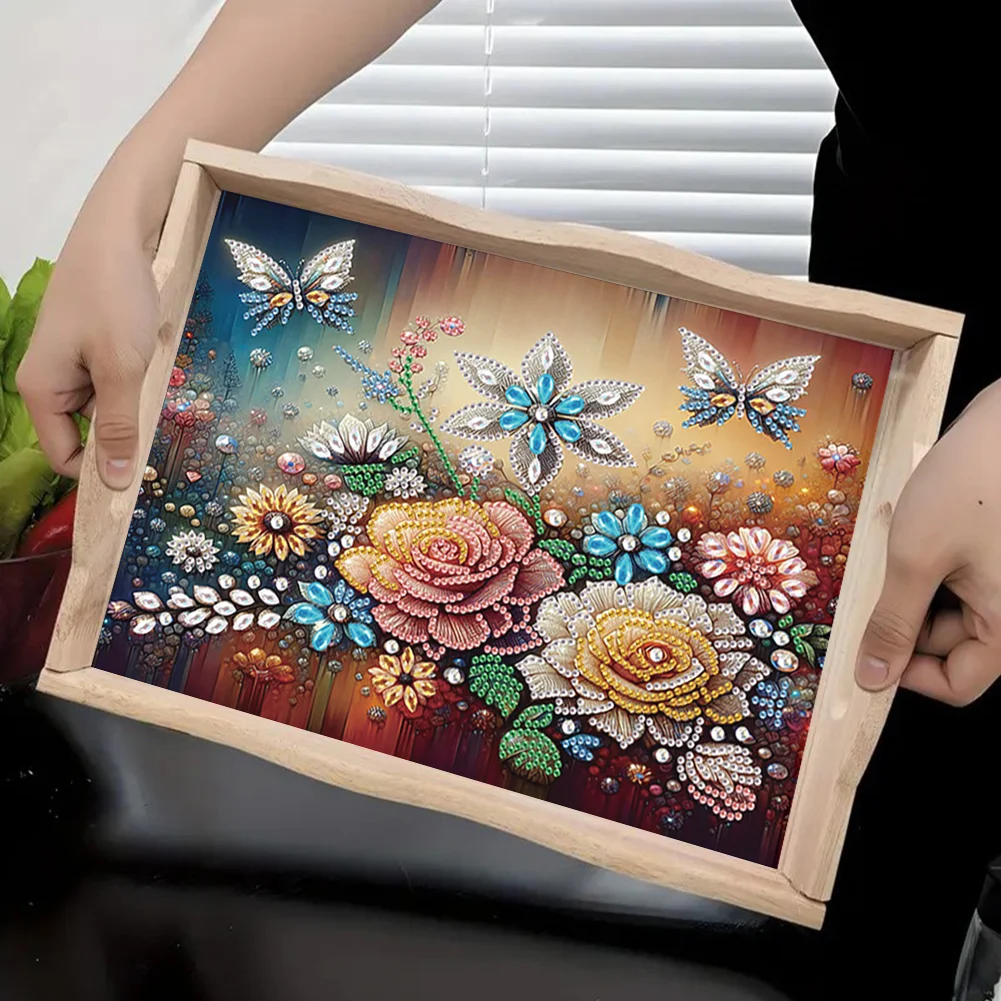 5D DIY Flower Butterfly Diamond Painting Wooden Serving Tray with Handle for Desk