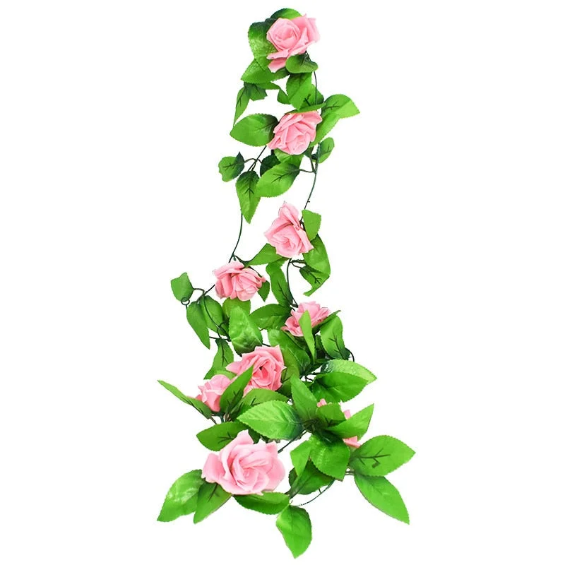 2.4m Silk Artificial Roses Flowers Rattan String Vine with Green Leaves For Home Wedding Garden Decoration Hanging Garland Wall