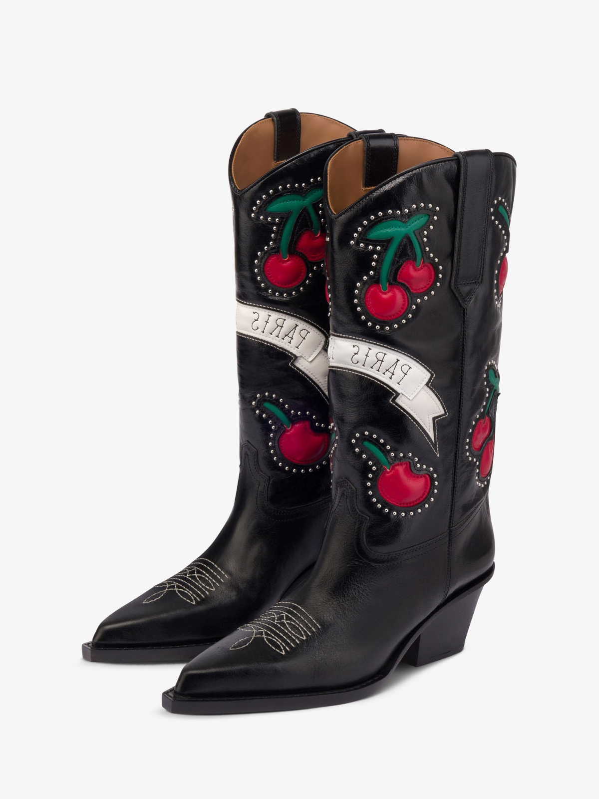 Taafo Black Snip-Toe Padded Cherry Inlay Studded Wide Mid Calf Cowgirl Boots