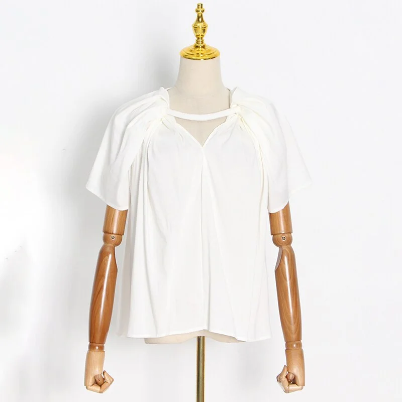 Ueong Elegant Loose Women T Shirt O Neck Short Sleeve Ruched Hollow Out T-Shirts Female Fashion Clothes 2020 Summer