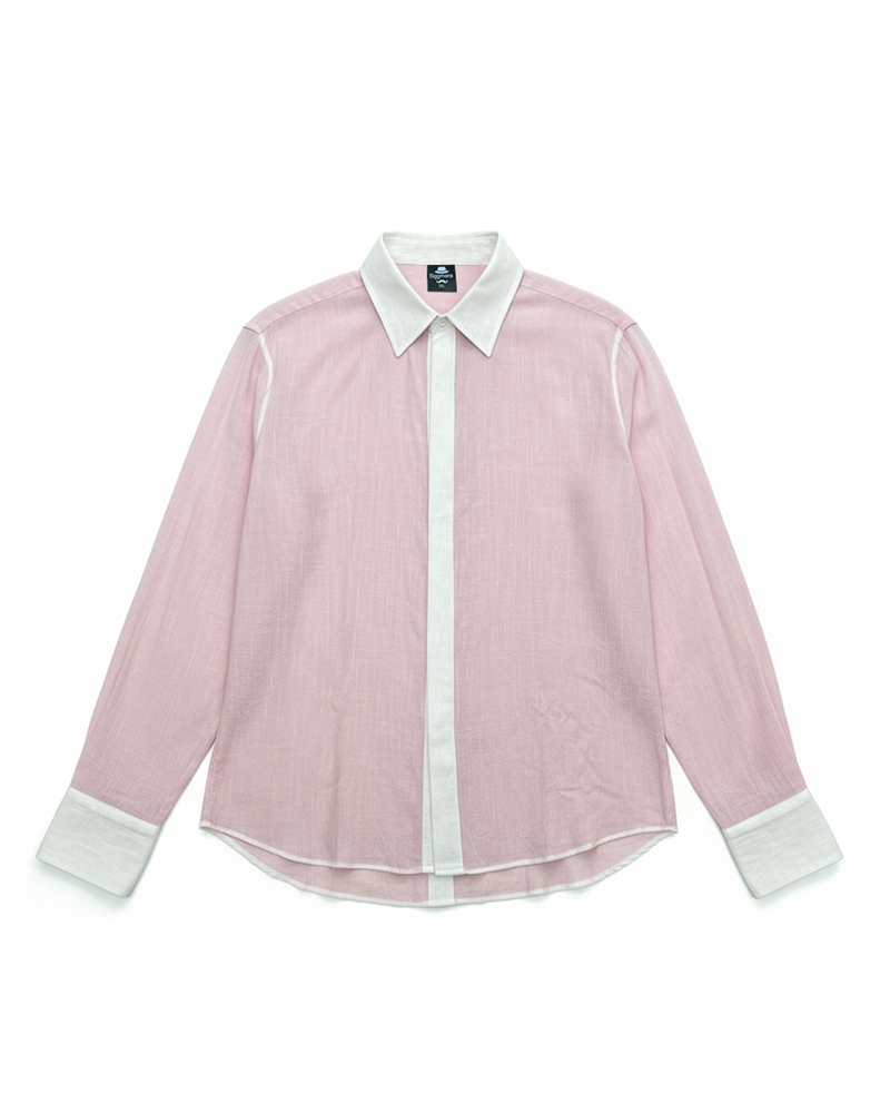 Big & Tall Men's Pink-autumn And Winter Commuter Color Matching Cotton And Linen Fabric Long Sleeve Shirt
