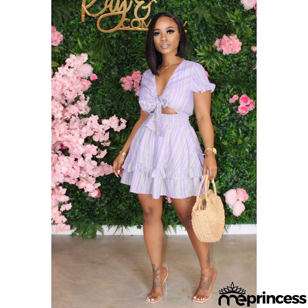 Women Fashion Sexy Stripe Printing Short Sleeve Cut Out Swing Dress