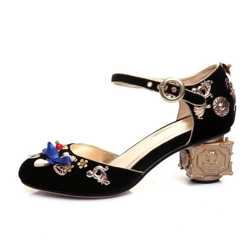Women Sandals Summer Vintage Velvet Buckle Strange Heels Round Toe Girl Shoes Butterfly-Knot Shallow Platform Zapatillas Mujer