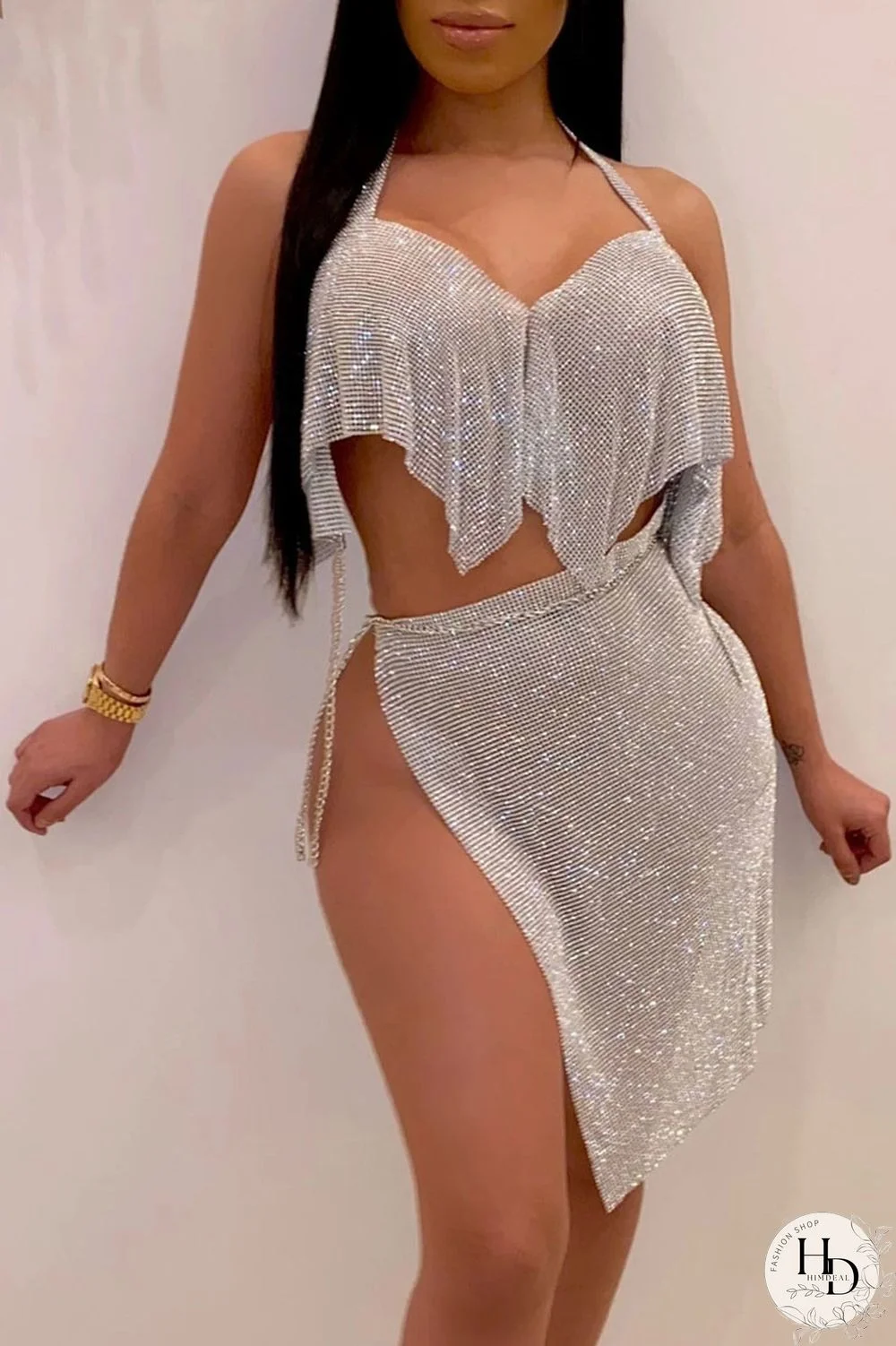 Silver Sexy Patchwork Bandage Backless Asymmetrical Halter Sleeveless Two Pieces