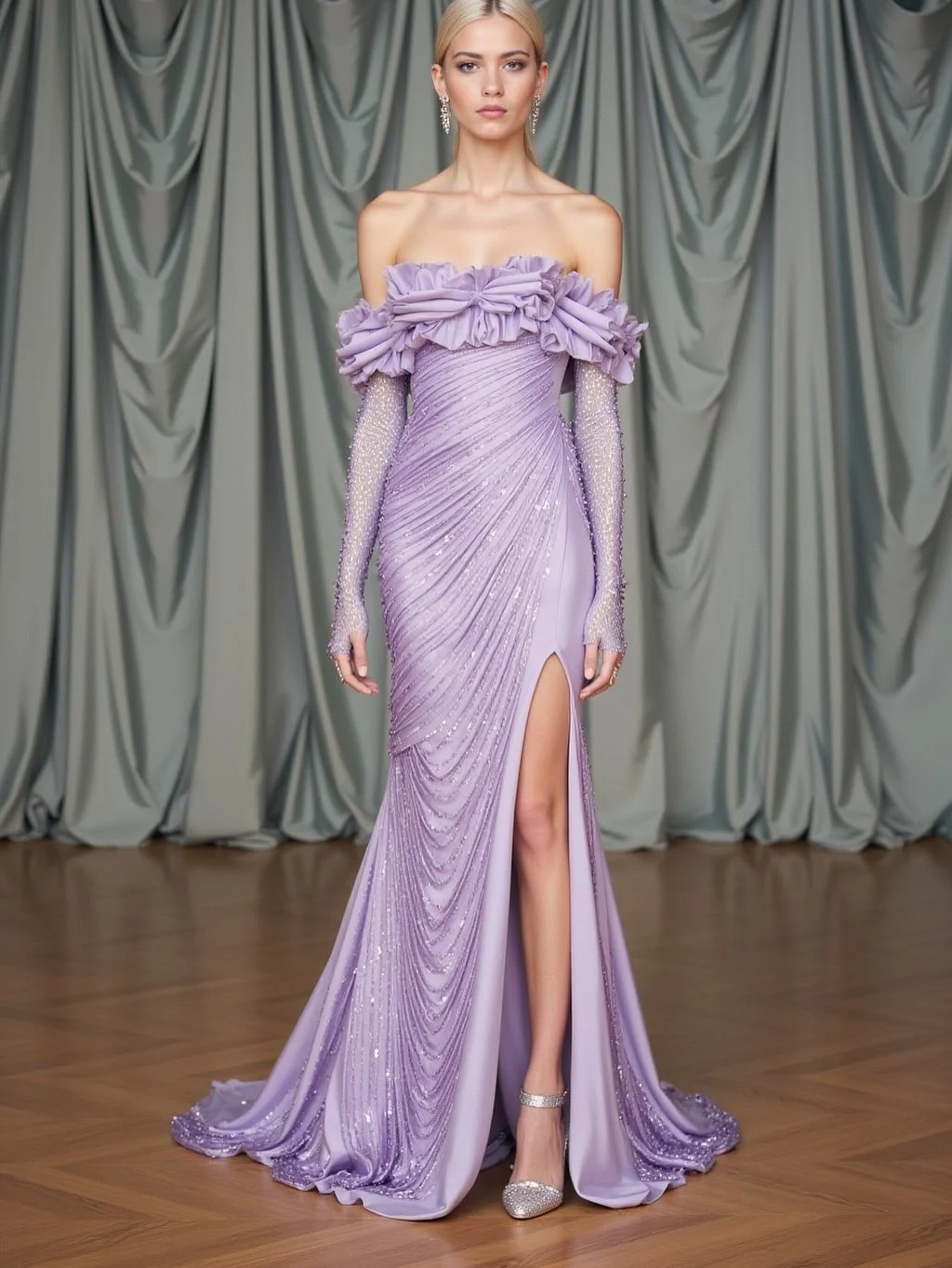 Lavender Off-The-Shoulder Strapless Long Sleeves Long Mermaid Prom Dress With Pleated And Split | Wellcucu YK0785