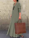 Casual and simple plain long-sleeved shirt collar cotton and linen maxi dress