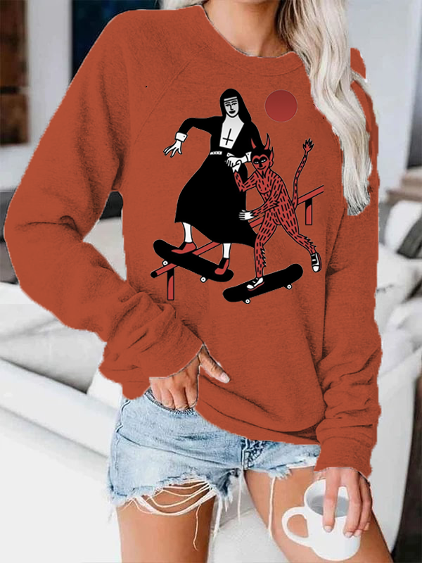 Women's Nun with Kitten Illustration Cat Trend Crazy Scary Print Round Neck Long Sleeve Sweatshirt