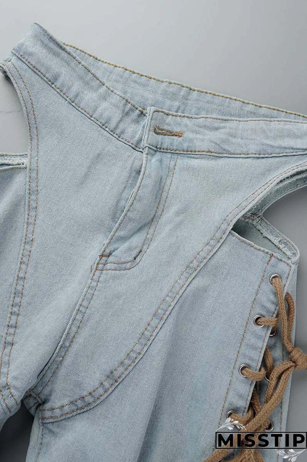 Light Blue Casual Solid Ripped Hollowed Out Frenulum Mid Waist Skinny Denim Jeans