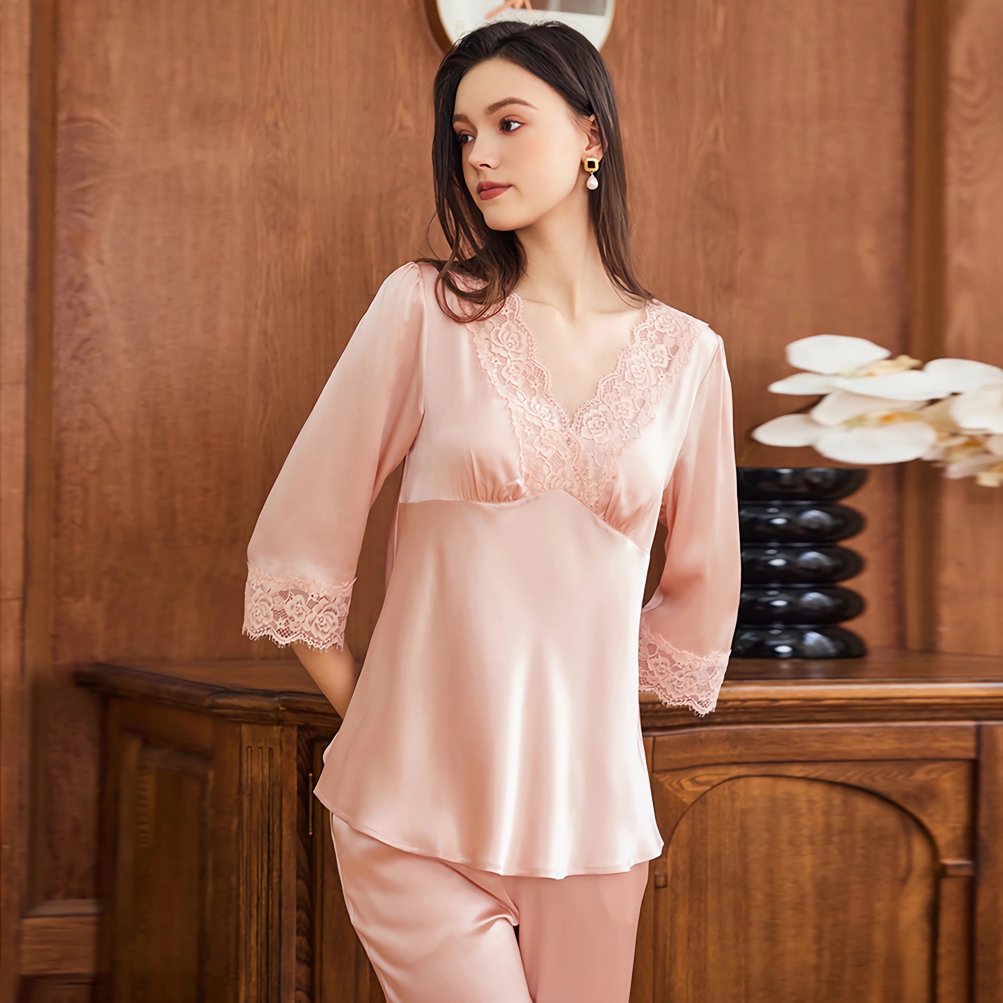 Lace Silk Pajama Set Womens Built-in Bra REAL SILK LIFE