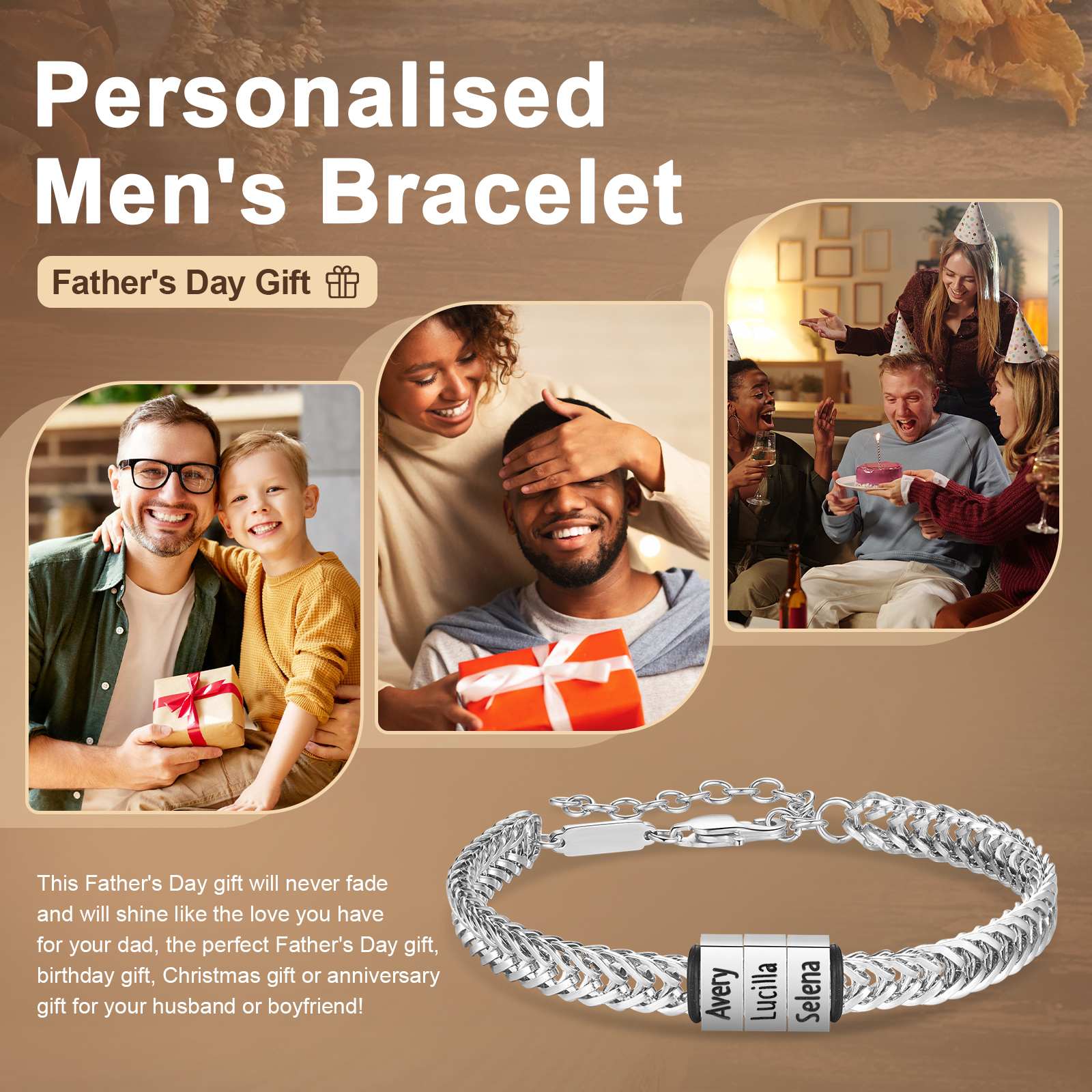 Braccialetto acciaio inox personalizzato con 4 nomi per uomo