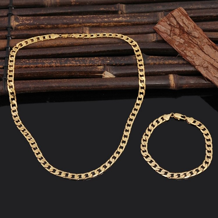 24K  Fashion Trendy Gold  7MM Wide Chain Bracelet Necklace Set