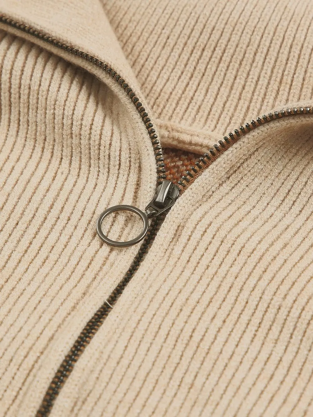 Khaki Aztec Knit Zip-Up Drop Shoulder Sweater