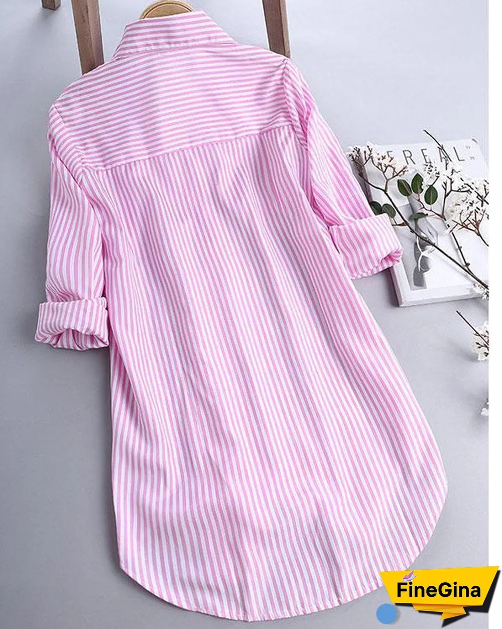 Chic Stripe Long Sleeve Turn-down Collar Loose Shirts