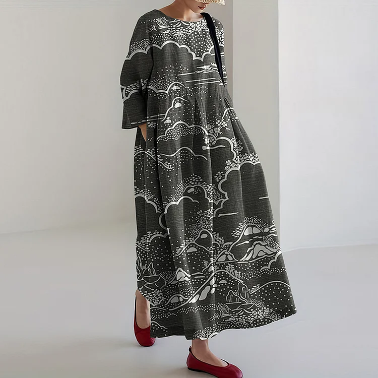 Women Japanese Landscape Art Linen Blend Long Sleeve Maxi Dress