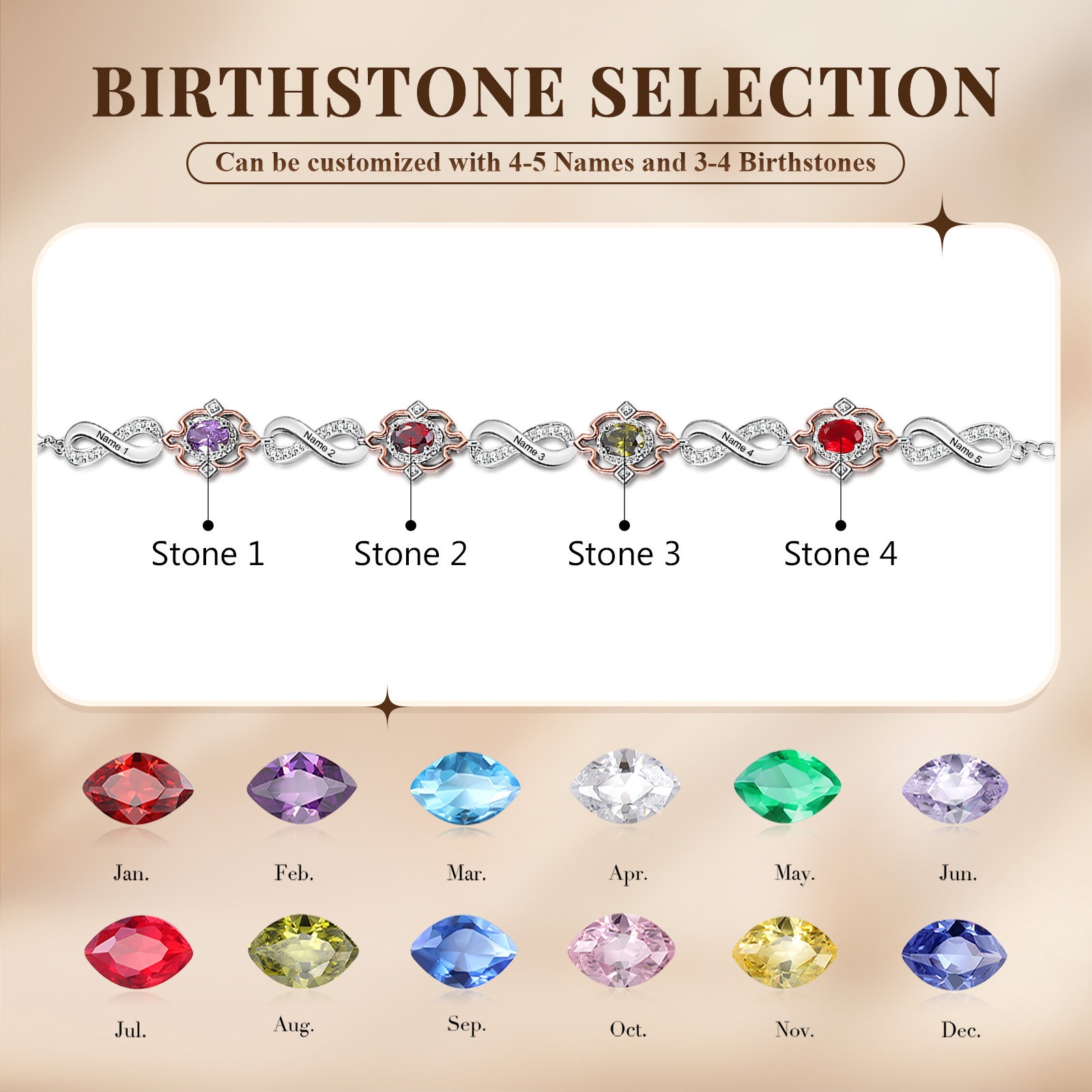 Braccialetto infinito personalizzato con 5 nomi e 4 pietre di nascita per donna