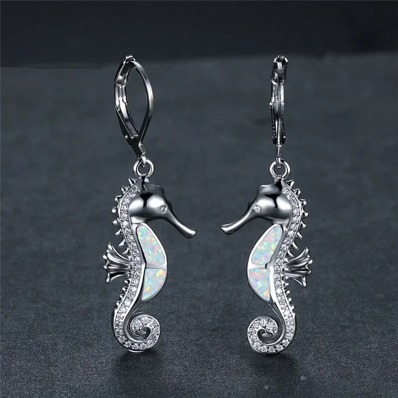 Cute Female Sea Horse Hoop Earrings White Blue Opal Stone Animal Earrings Rose Gold Silver Color Wedding Earrings For Women