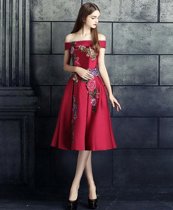 Burgundy Lace Applique Prom Dress, Burgundy Evening Dress