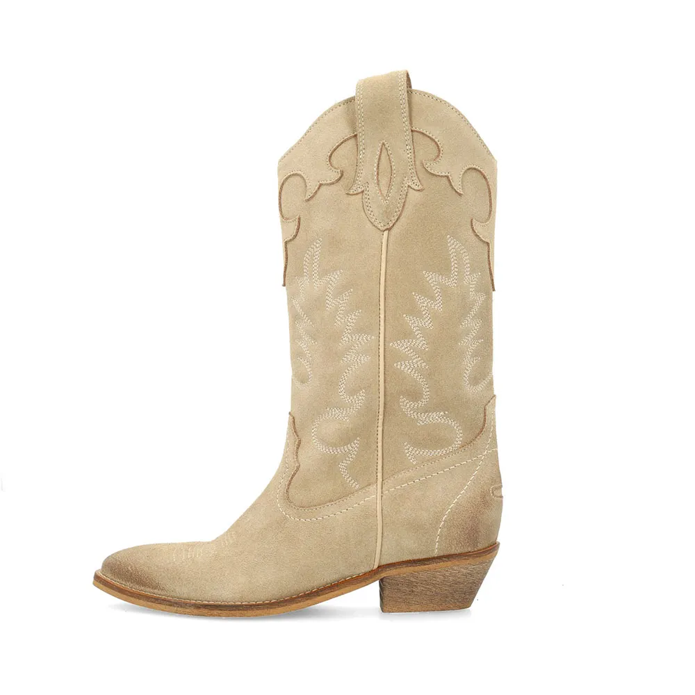 Khaki Vegan Suede Pointed Toe Embroidered Pull On Cowgirl Boots