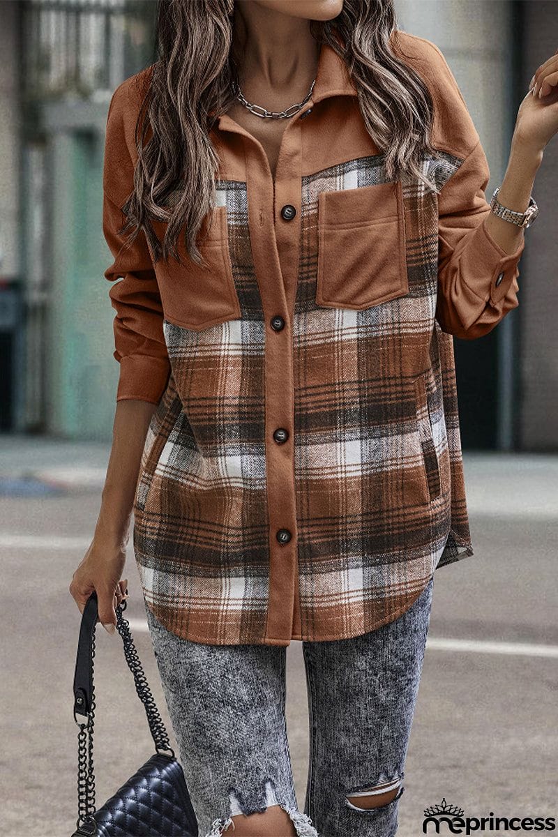 Street Plaid Patchwork Pocket Turndown Collar Blouses(3 Colors)