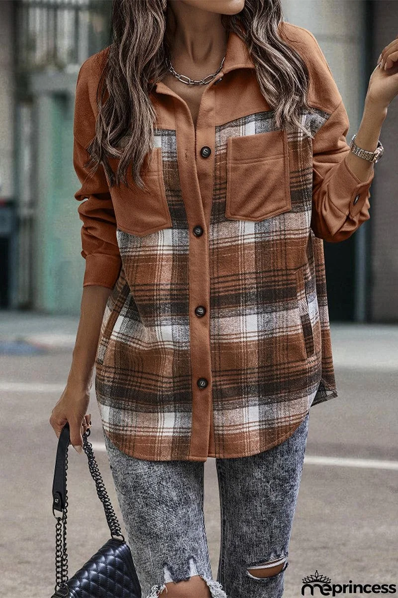 Street Plaid Patchwork Pocket Turndown Collar Blouses(3 Colors)