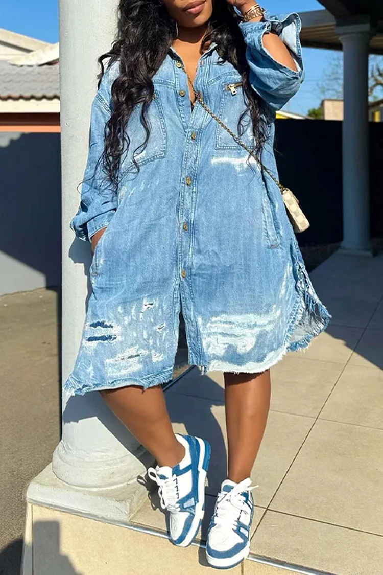 Plus Size Daily Blue Shirt Collar Long Sleeve Pocket Casual Ripped Denim Shirt Dresses [Pre-Order]